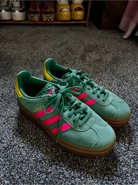 adidas Green Suede Gazelle Sneakers with Pink Stripes and Yellow Heel